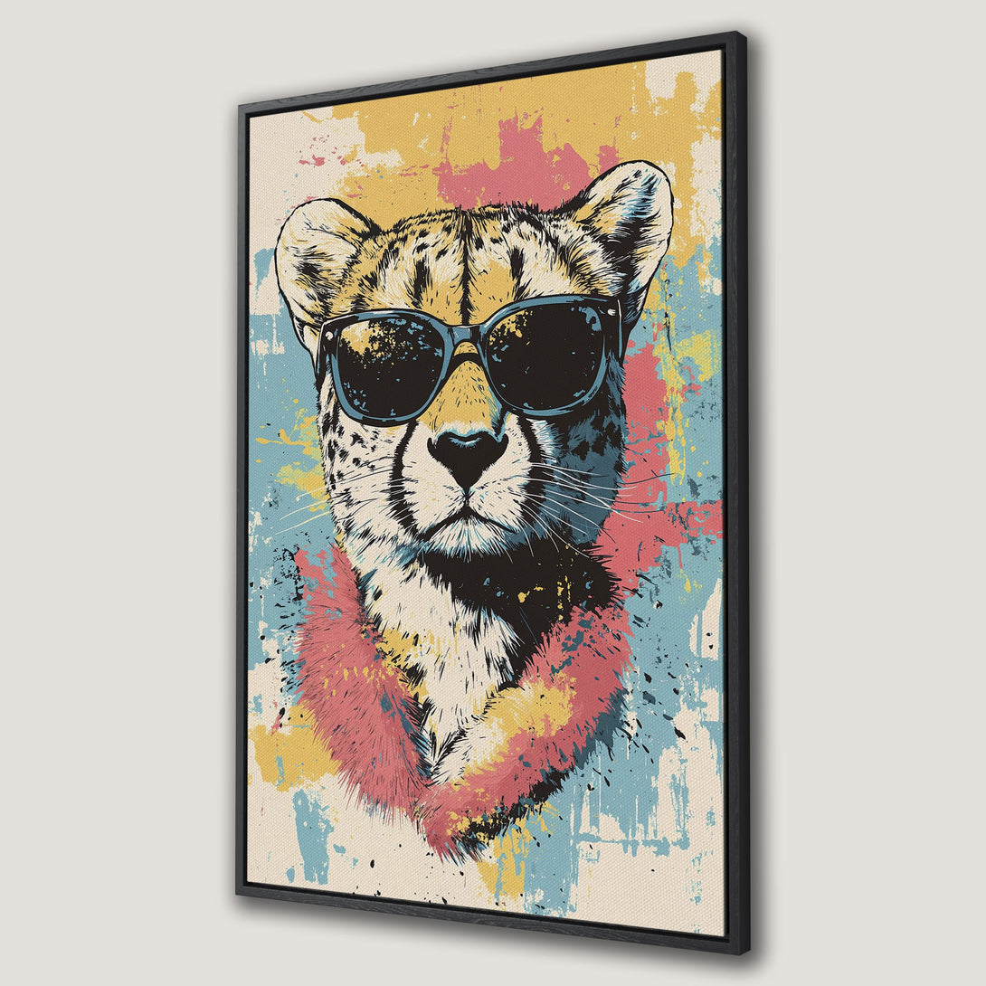 Framed Wall Art: Cool cheetah portrait with sunglasses, vibrant pop art style, featuring a colorful palette of yellow, pink, blue, and black. Perfect wall decor.