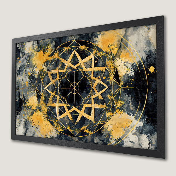 Framed Poster featuring a geometric design in gold, black, and yellow abstract style.