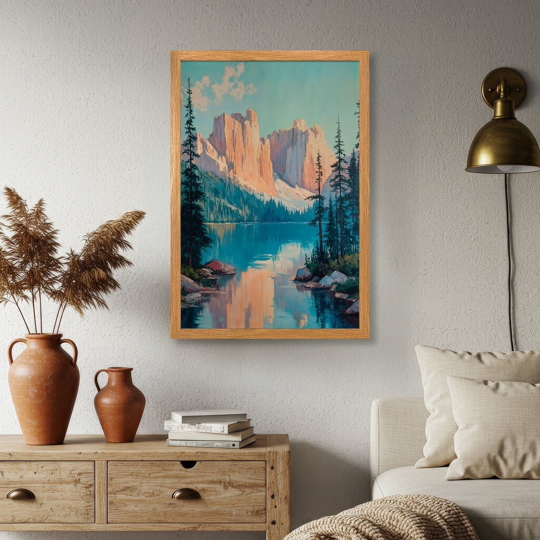 Framed Poster of a mountain landscape painting in a warm, inviting color palette. Perfect wall art for your home!