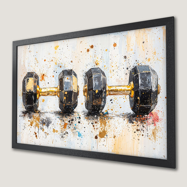 Framed Poster featuring abstract dumbbells in black, gold, and white with an artistic splatter design. Perfect for gym decor!