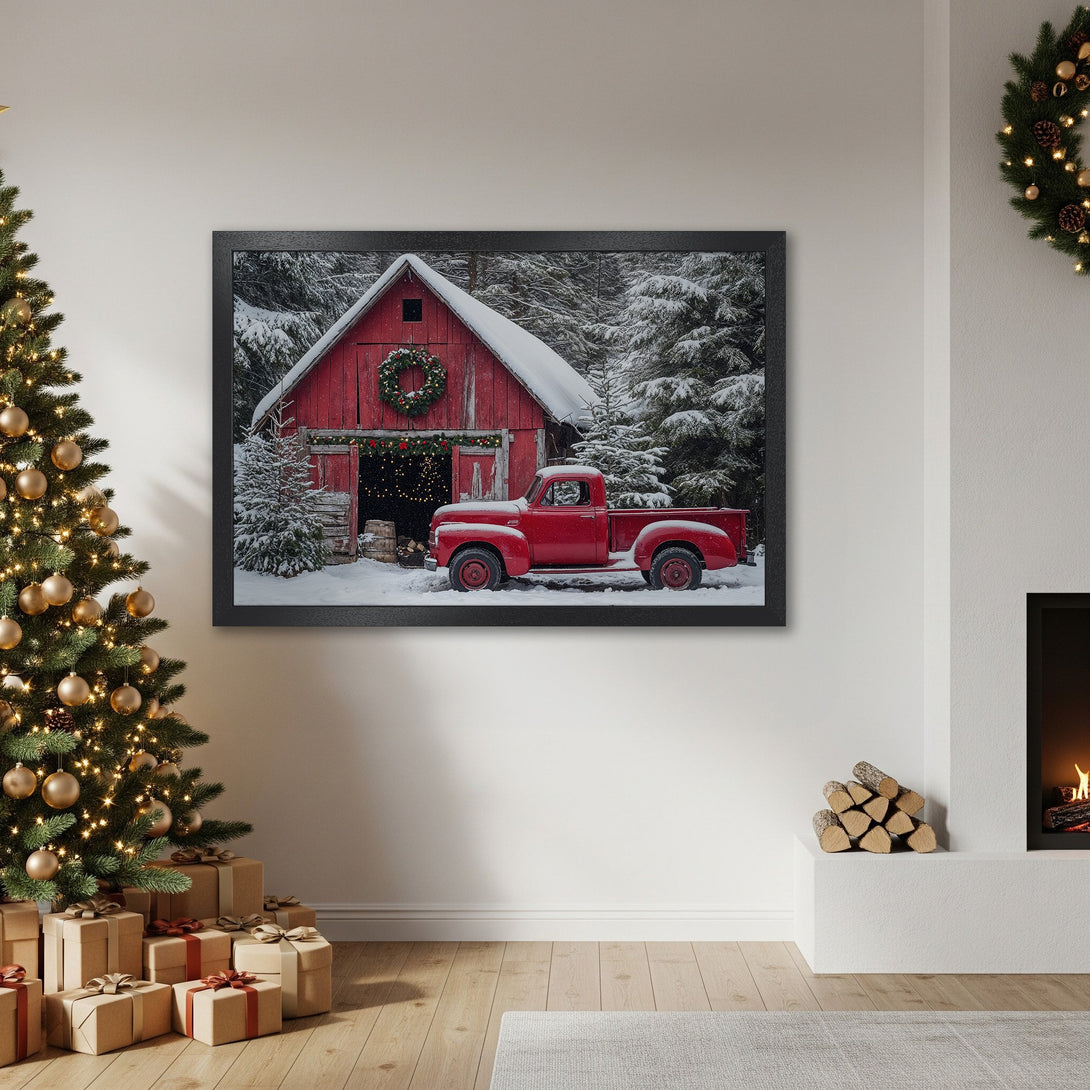 Framed Poster featuring a red truck and barn in a snowy winter scene. Rustic style with red, white, and green color palette. Perfect Christmas decor!