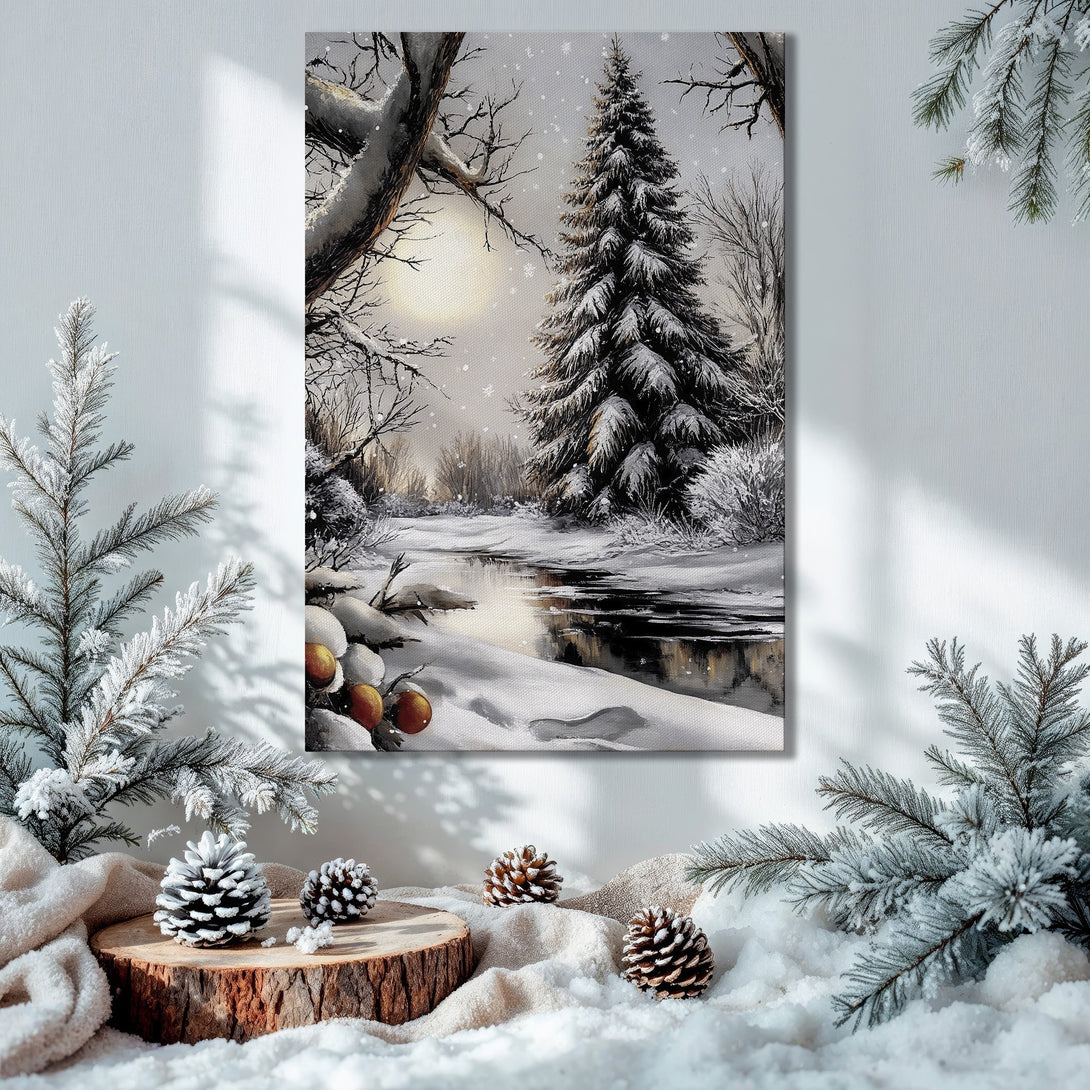 Framed Wall Art: Winter landscape Canvas Print in neutral tones. Perfect holiday decor with a cozy, serene vibe. Shop now!