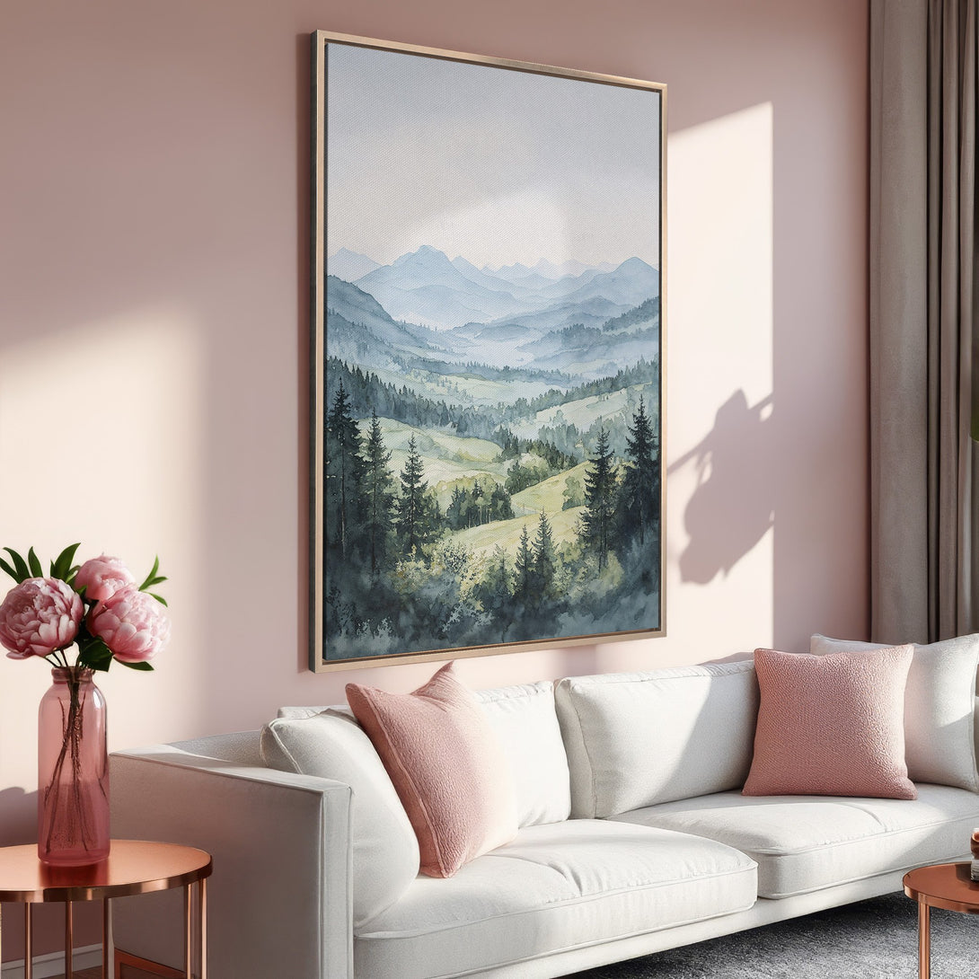 Framed Wall Art featuring a serene watercolor landscape in cool blues and greens. Perfect for adding a touch of nature-inspired tranquility to your home.