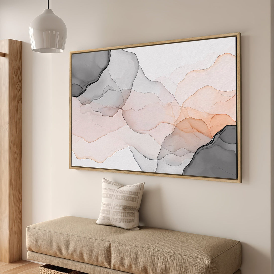 Abstract Canvas Print in neutral tones, featuring flowing watercolor art in gray, peach, and white. Modern wall art for home decor.