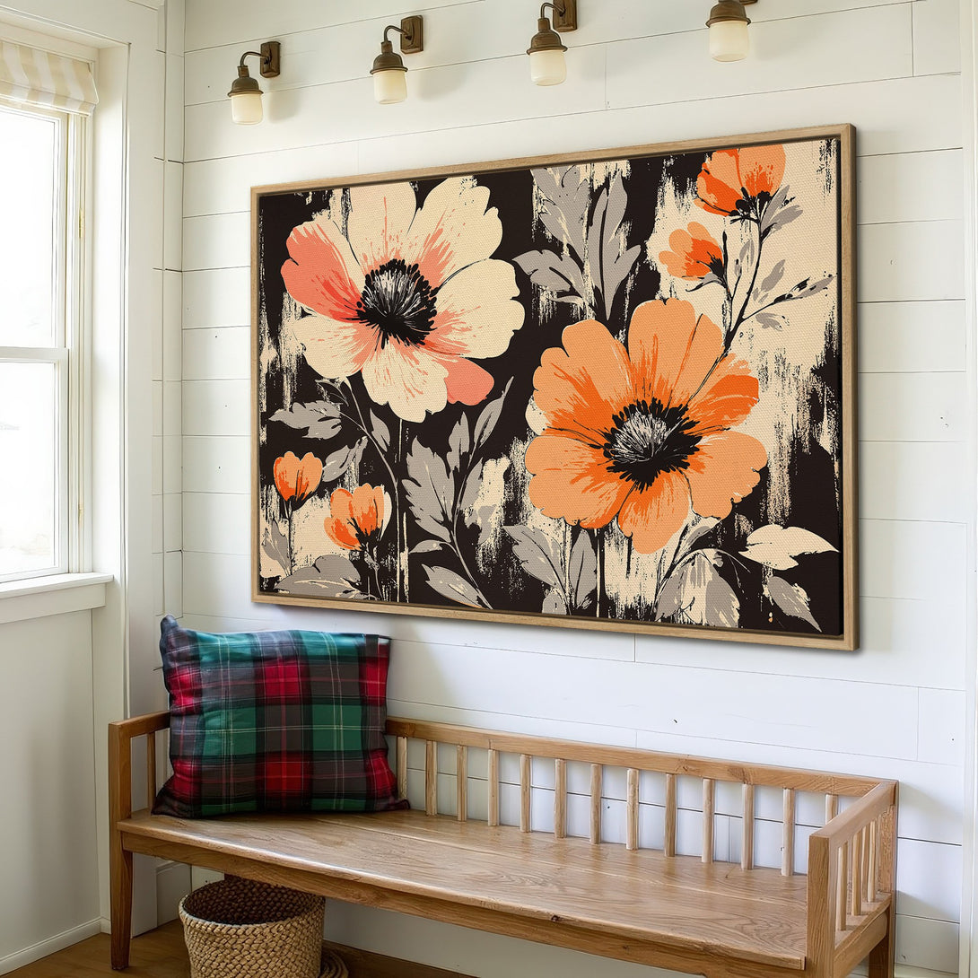Framed Wall Art featuring vibrant floral design in orange, black, and cream hues. Perfect for adding a touch of modern art to your home decor.