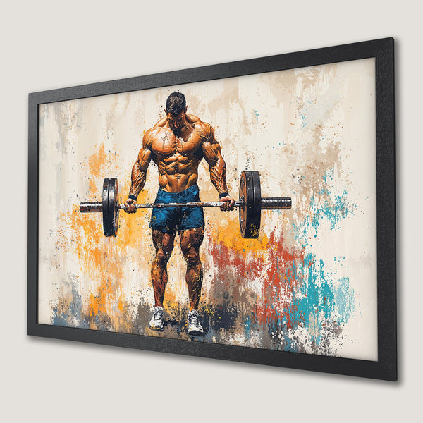 Framed Poster: Weightlifter art in abstract style with vibrant orange, blue, and beige color palette. Perfect for gym decor.
