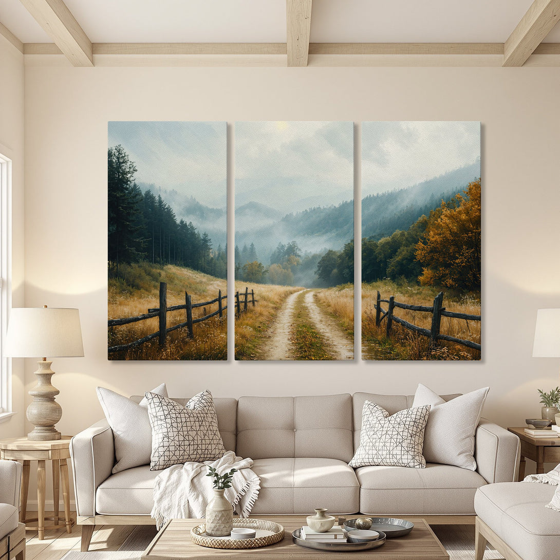 Canvas Print of a serene landscape with a road and fence, featuring a muted color palette of greens, browns, and blues, perfect for any home.
