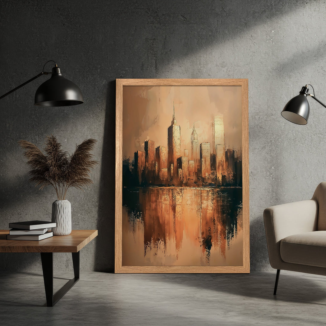 Framed Poster of a cityscape painting in an abstract style, featuring a warm brown and orange color palette.