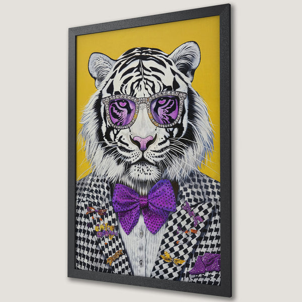 Framed Poster featuring a stylish tiger in a suit, vibrant purple and yellow color palette, pop art style. Add a touch of luxury to your decor!