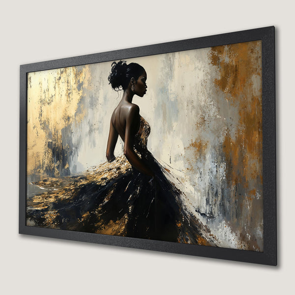 Framed Poster featuring abstract floral art in black, gold, and gray tones. Modern wall decor for a stylish home.