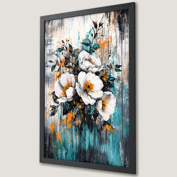 Framed Poster featuring abstract floral art with white flowers, teal, orange, and gray color palette, perfect wall decor.