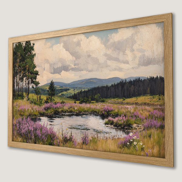 Framed Poster of a serene landscape painting. Featuring a pond, purple flowers, and a neutral color palette. Perfect wall art!