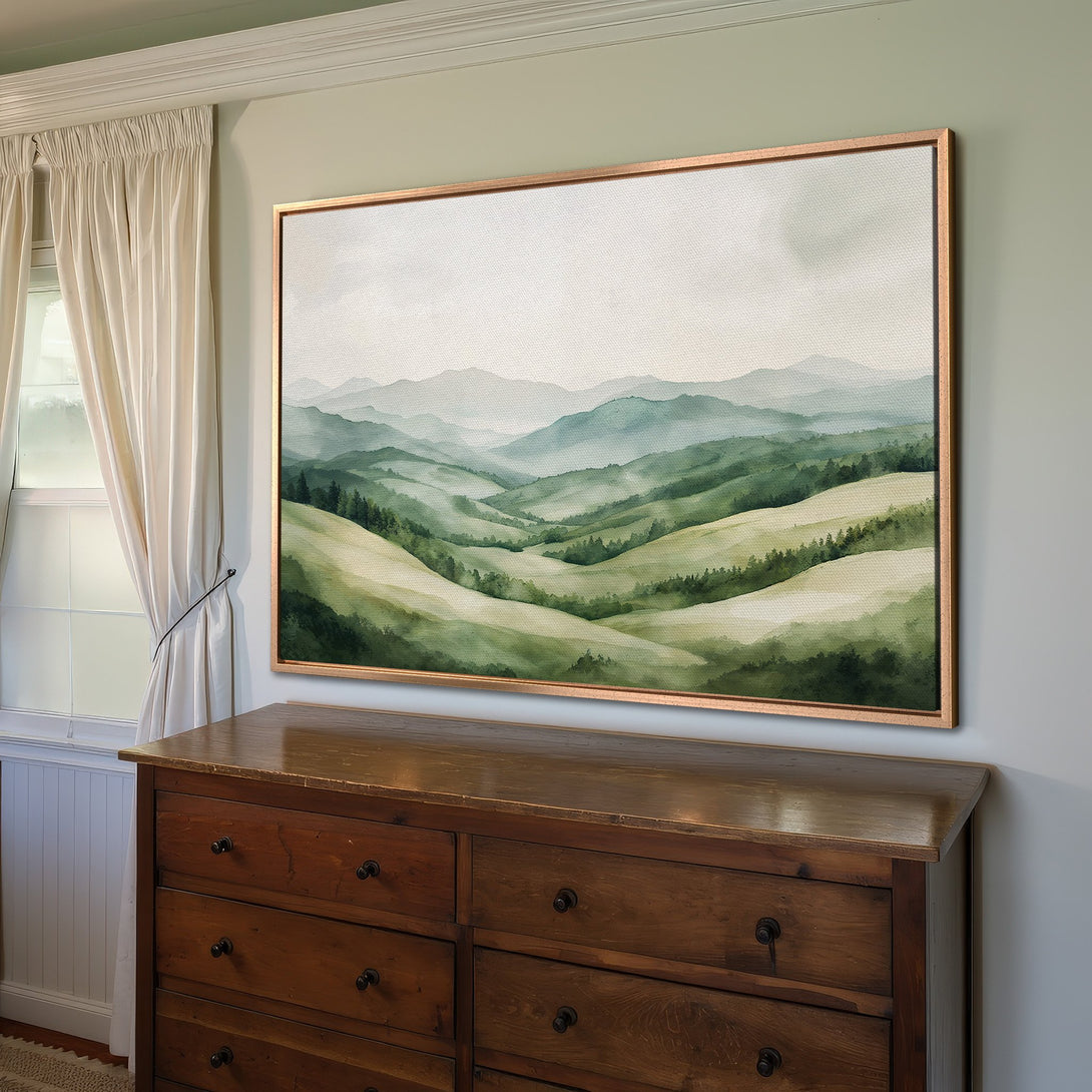 Framed Wall Art featuring a watercolor landscape painting in green and neutral tones, perfect for adding a touch of nature to your home decor.