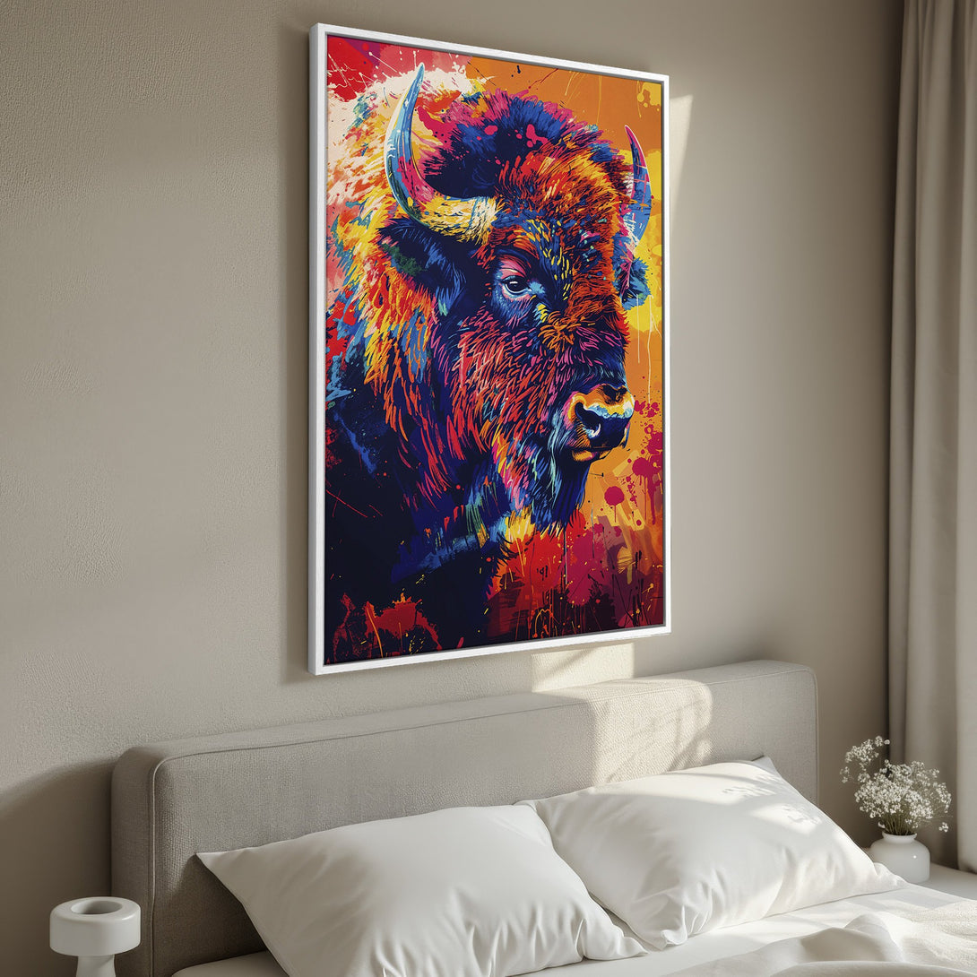 Framed Wall Art: Vibrant bison portrait in pop art style with a colorful palette of red, orange, blue, and yellow. Perfect for adding a bold statement to your space.