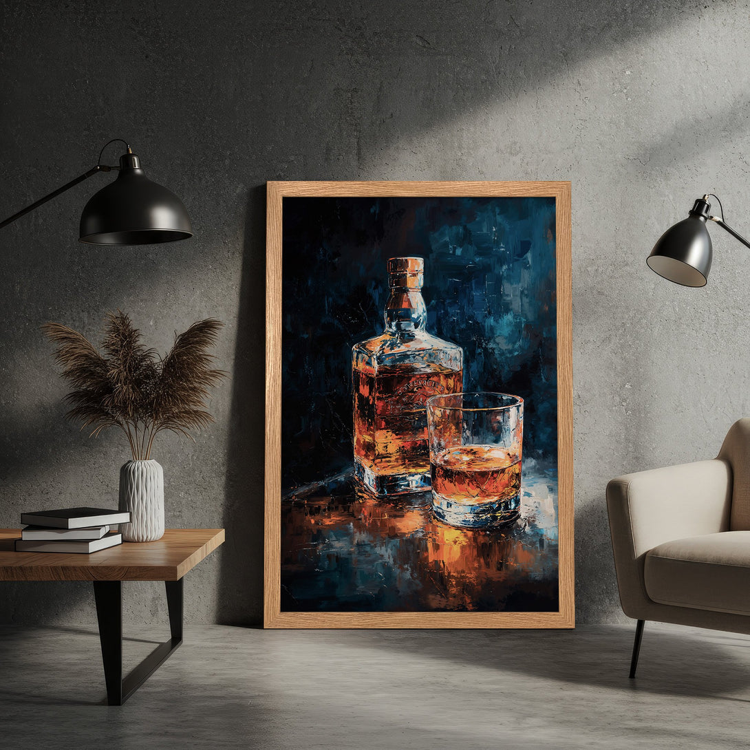 Framed Poster featuring a whiskey bottle and glass, impressionist style with a dark blue and orange color palette.