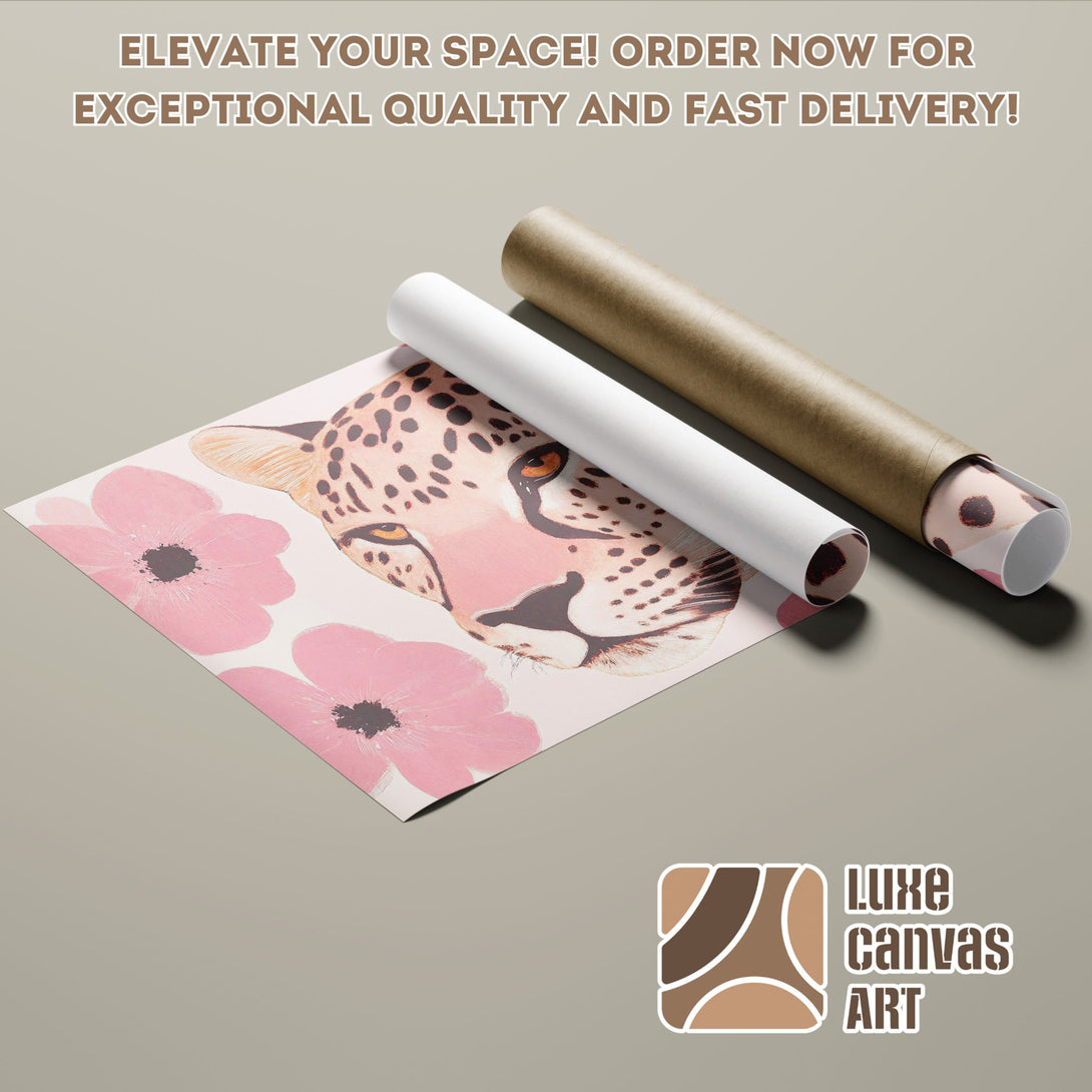 Leopard & floral Poster Roll art print in pink & neutral tones. Elevate your space with Luxe Canvas Art.