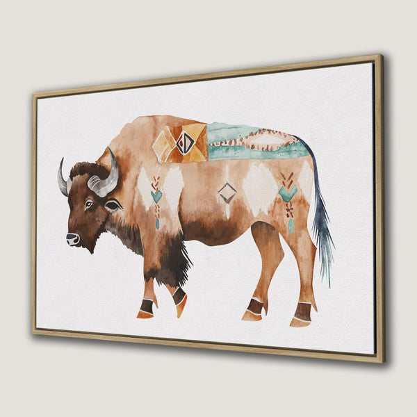 Canvas Print of a watercolor bison in earthy tones. Boho style wall art with brown, teal, and beige color palette. Perfect for rustic decor.
