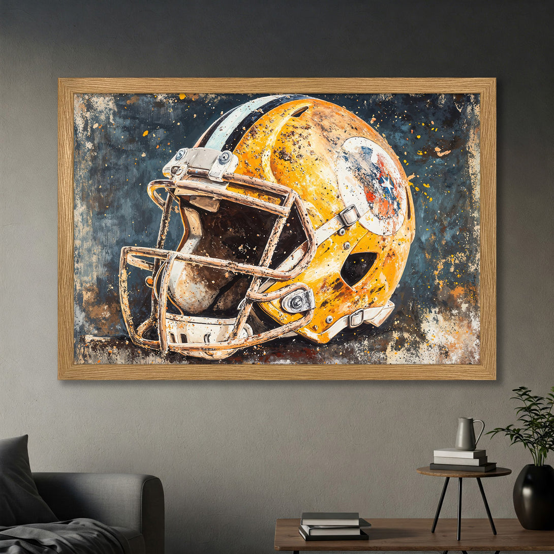 Framed Poster featuring an abstract football helmet in yellow, orange, and blue tones. Add a touch of art to your space!