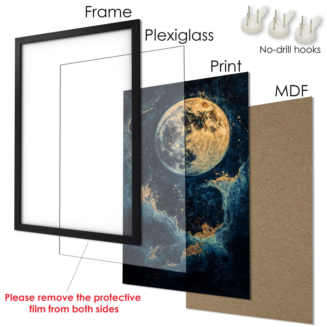 Framed Poster featuring a celestial design in blue, gold, and black. Perfect wall art for any space.