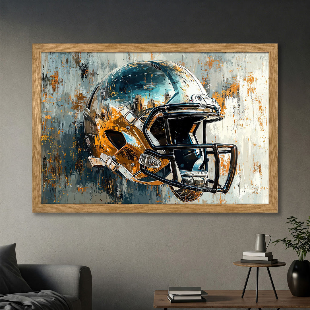 Framed Poster of a football helmet in an abstract style. Features a blue, orange, and gray color palette. Perfect sports decor.