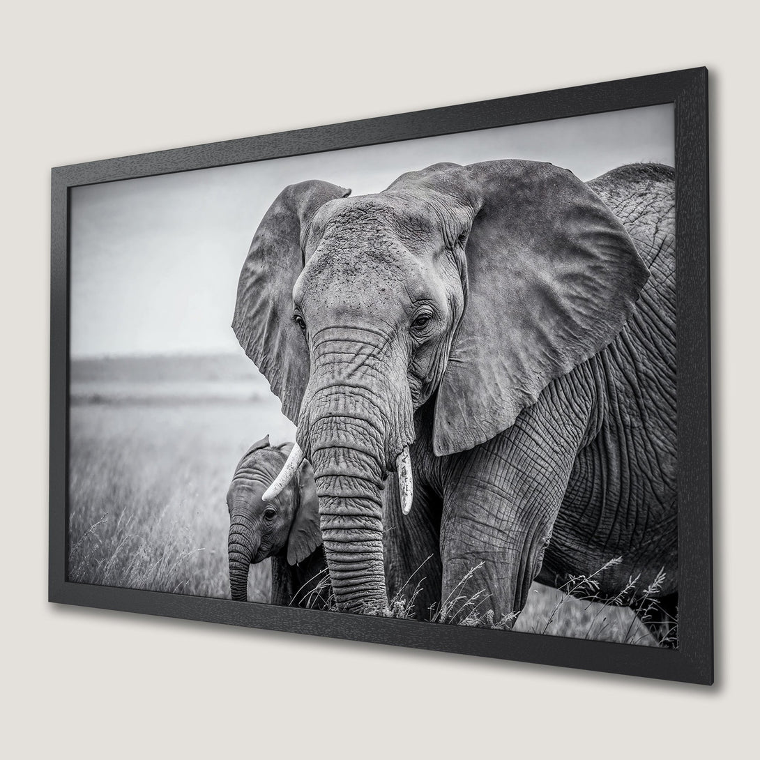 Framed Poster featuring a stunning black and white elephant portrait. Perfect wildlife art for your home decor.