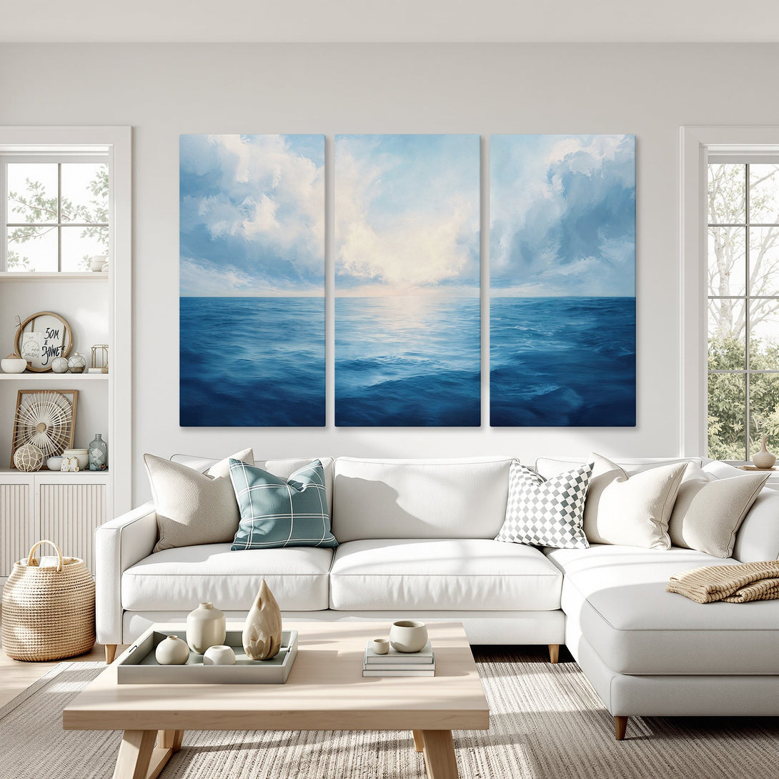 Canvas Print of ocean landscape art, blue and white color palette, modern style, perfect for coastal decor.