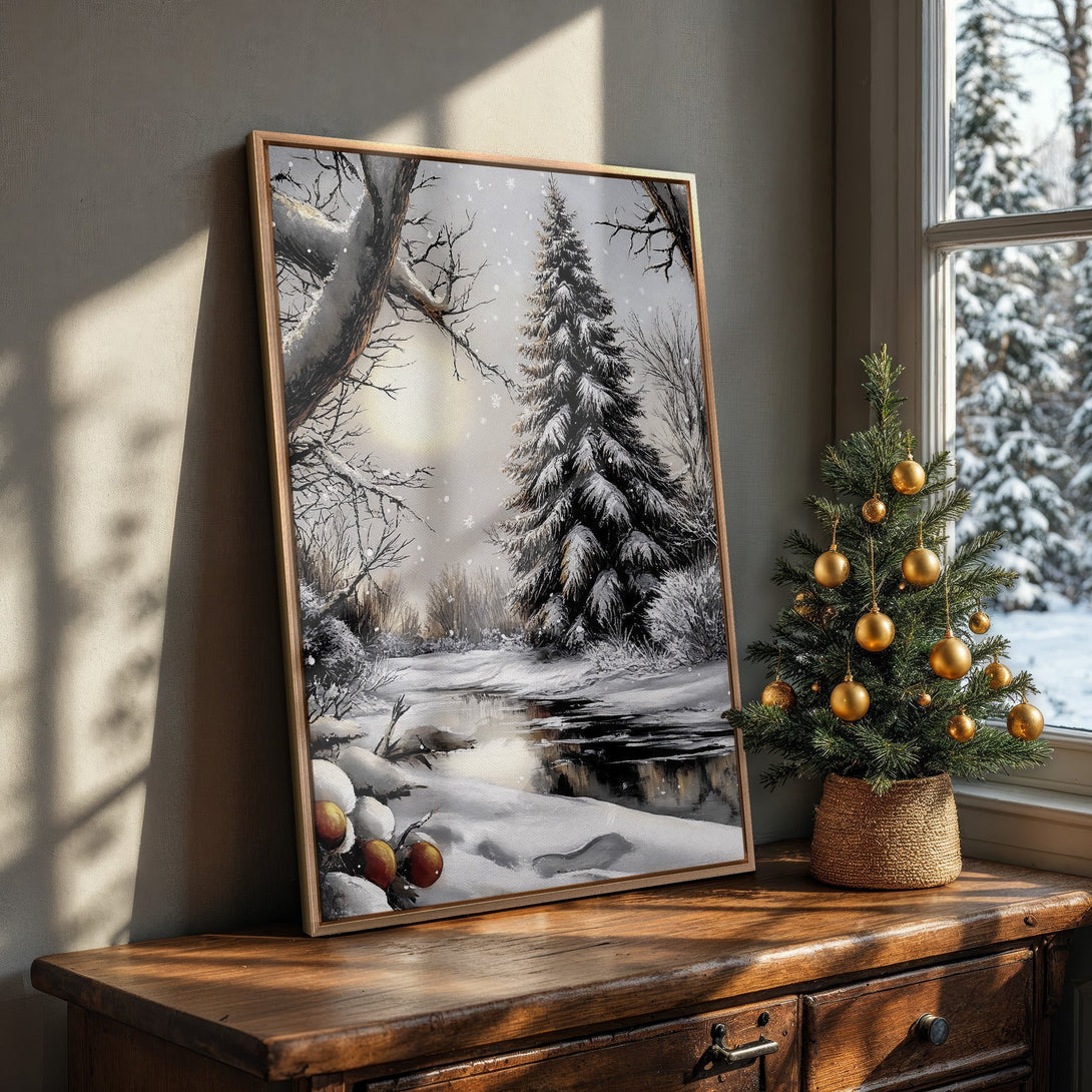 Framed Wall Art: Winter landscape canvas print in neutral tones. Bring the serene beauty of a snowy forest into your home. Perfect for cozy decor.