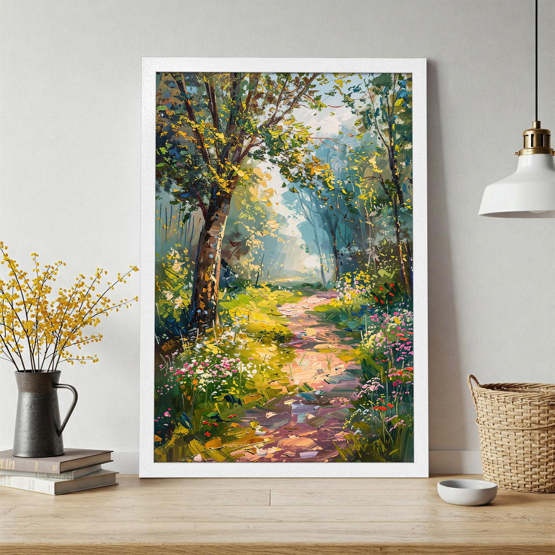 Framed Poster of a vibrant forest path painting. Impressionistic style with a warm, inviting color palette of greens, yellows, and blues.