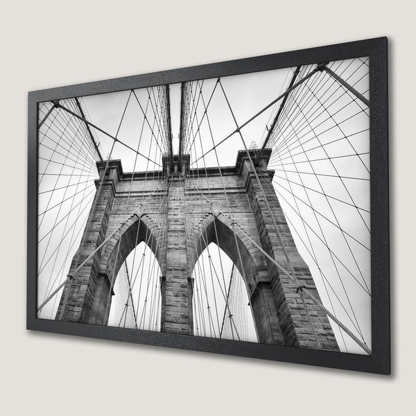 Framed Poster of Brooklyn Bridge in grayscale. Modern art print for your home. Iconic architecture decor.