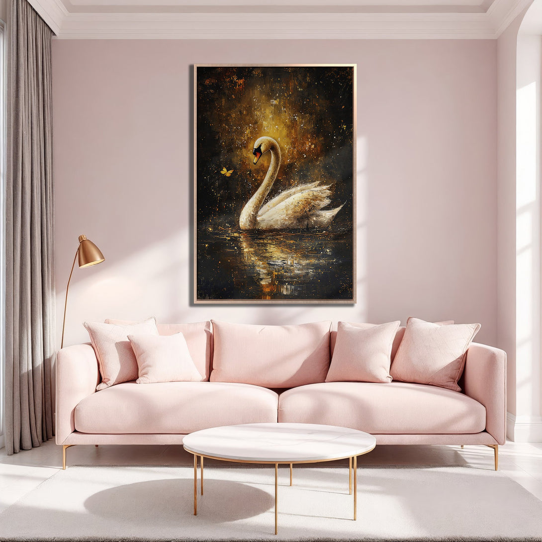 Framed Wall Art featuring a majestic swan in a golden, painterly style. Elegant decor with a blush and gold color palette, perfect for any living room.