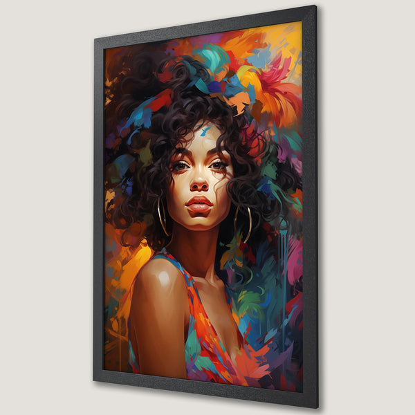 Framed Poster featuring a vibrant portrait of a woman with colorful floral accents. Artistic style with a warm, bright color palette. Perfect wall art!