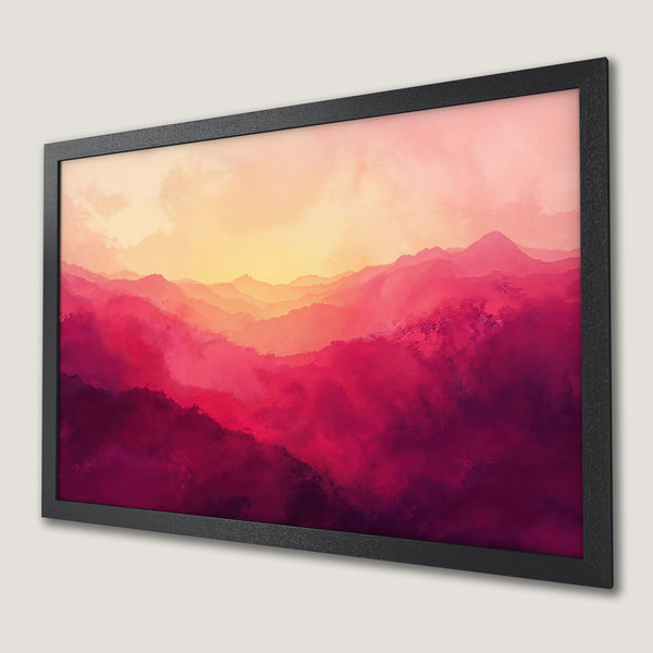 Framed Poster of abstract mountain landscape art in a warm red and pink color palette.