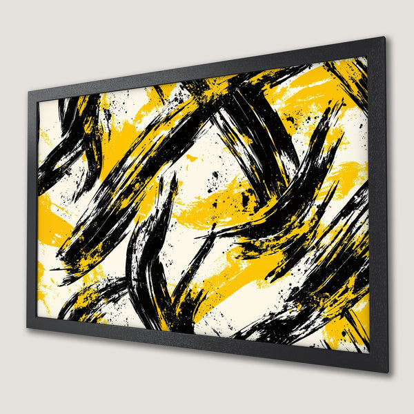 Framed Poster featuring bold abstract brushstrokes in black & yellow on a cream background. Modern art print for your home decor.