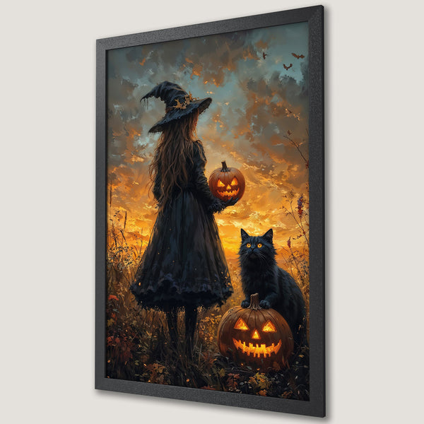 Framed Poster featuring a witch, black cat, and jack-o'-lanterns in a Halloween scene. Warm orange and black color palette, artistic style.
