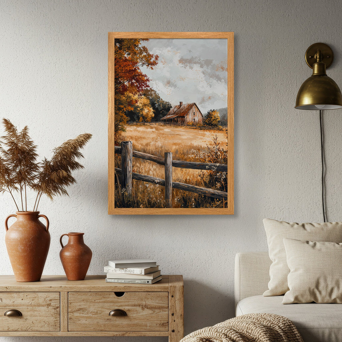 Framed Poster of a rustic barn scene, warm autumn colors. Perfect wall art for farmhouse decor.