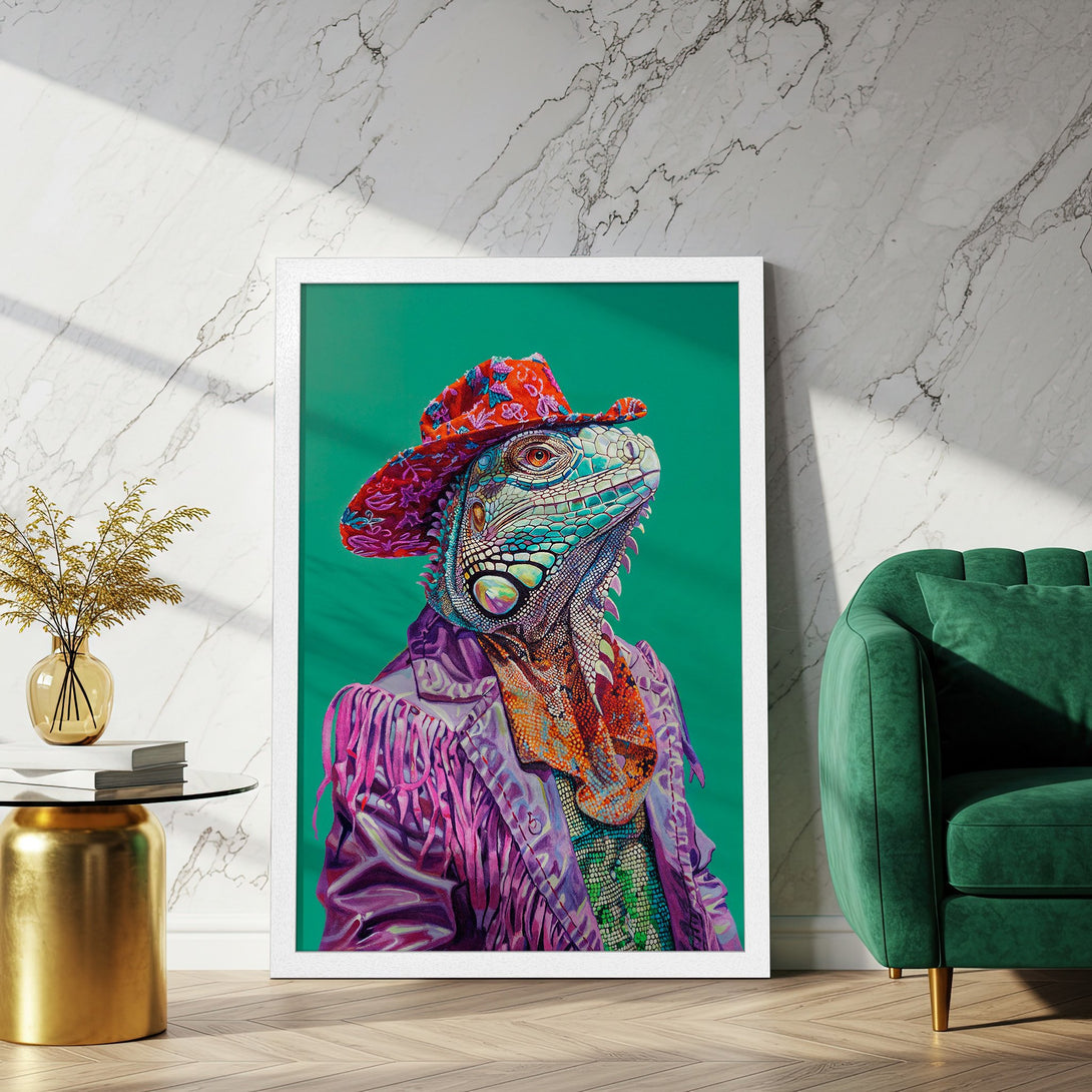 Framed Poster featuring a stylish iguana in a cowboy hat. Vibrant colors and unique art style. Perfect wall decor!