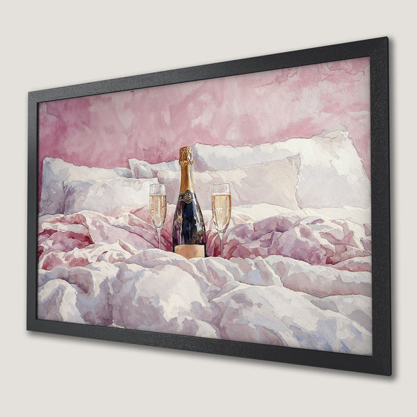 Framed Poster of champagne on a bed, watercolor style, pink & white color palette. Perfect wall art for your home!
