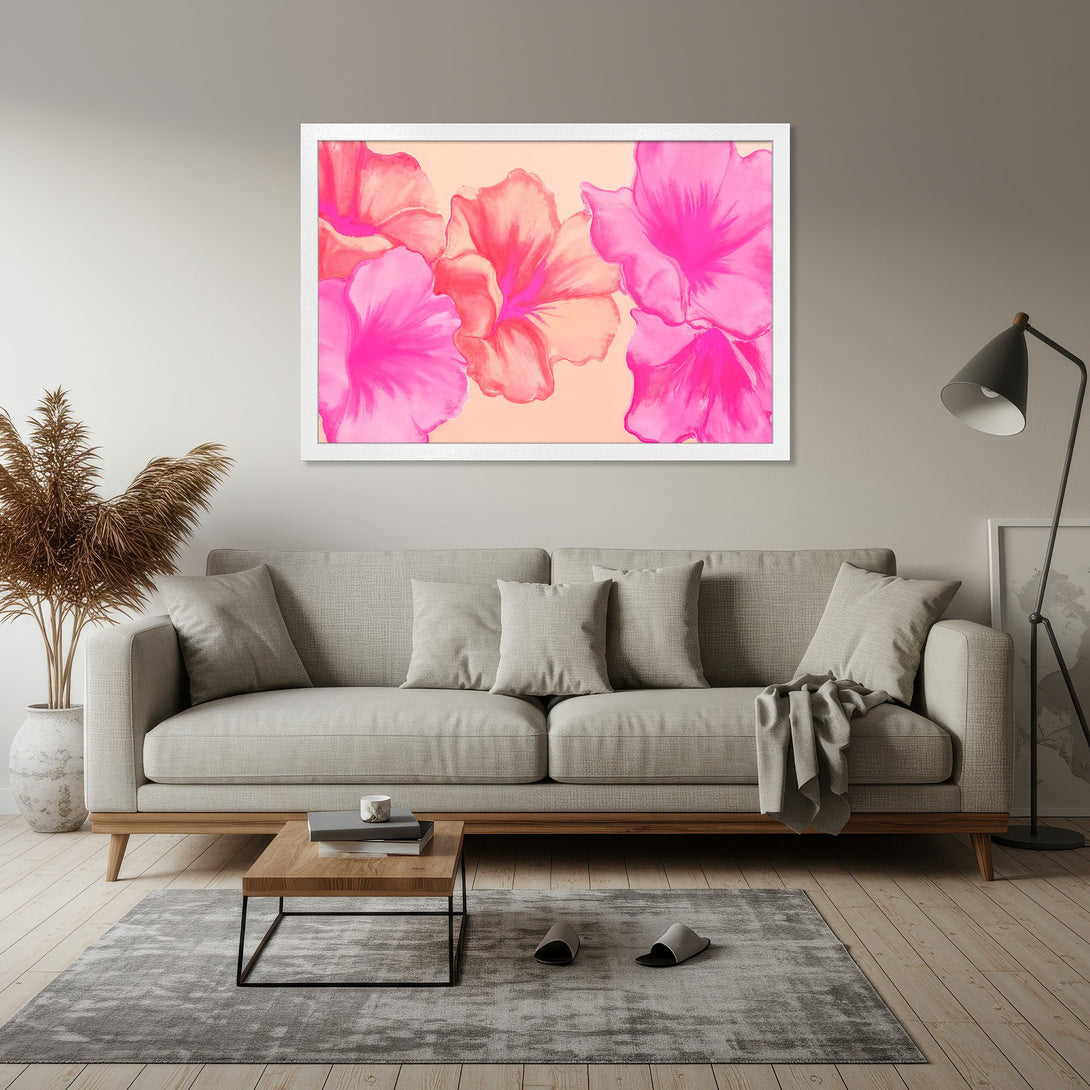 Framed Poster featuring vibrant pink floral art. Modern style with a warm, inviting color palette. Perfect wall decor!