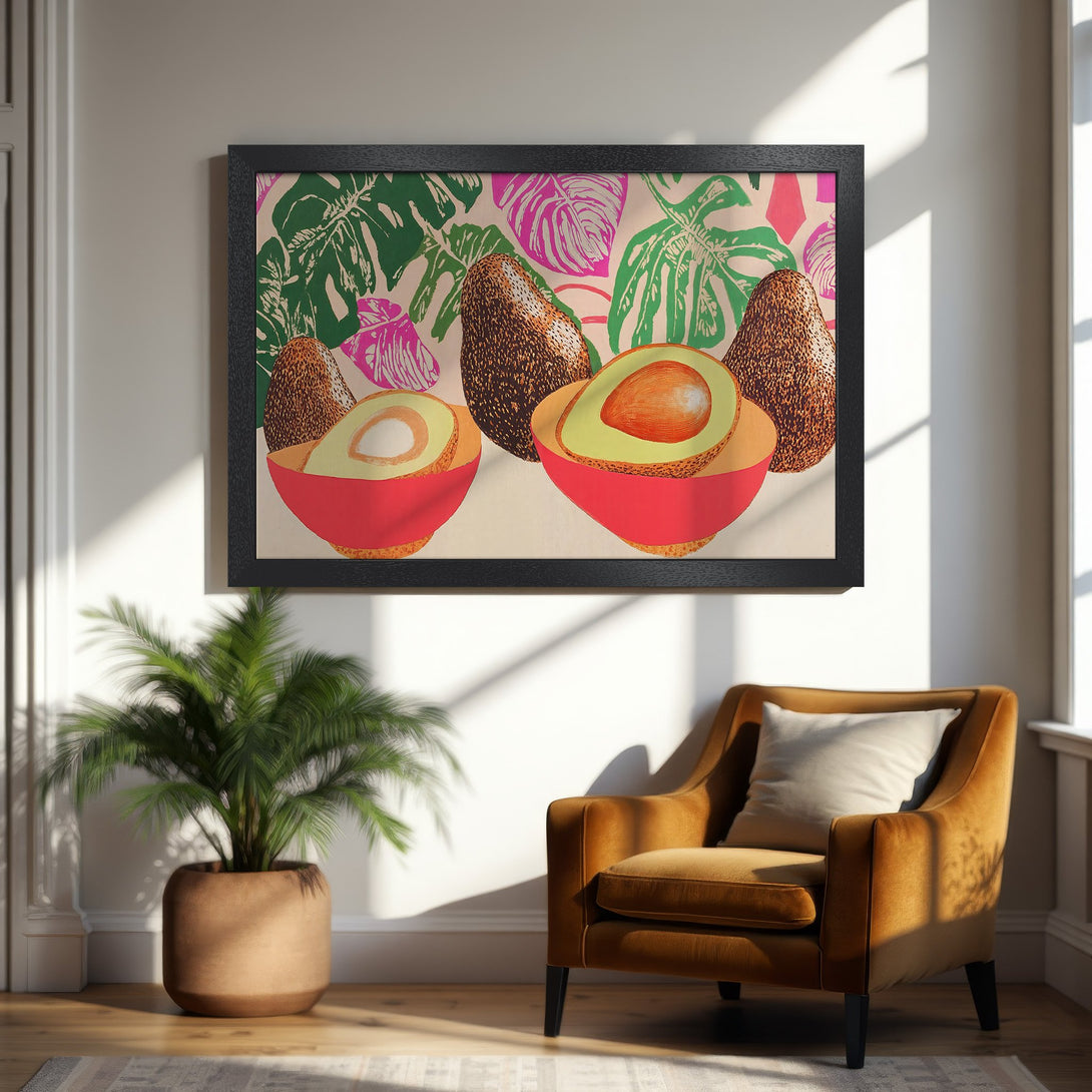 Framed Poster featuring avocado art in a colorful, tropical style. Bright red, green, and pink palette, perfect for kitchen decor.