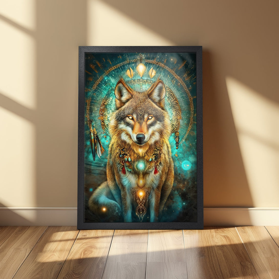 Framed Poster featuring a mystical wolf with a teal and gold color palette. Stunning art print for home decor.