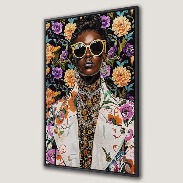 Framed Wall Art: Portrait of a stylish woman with floral background. Vibrant colors and bold design. Perfect for adding a touch of elegance to any room.