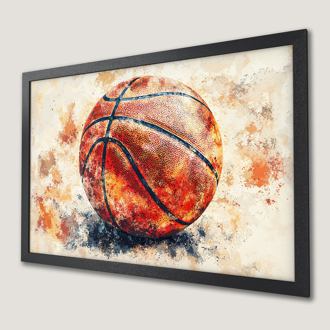 Framed Poster of a basketball, watercolor style, warm orange & beige palette. Perfect sports decor!
