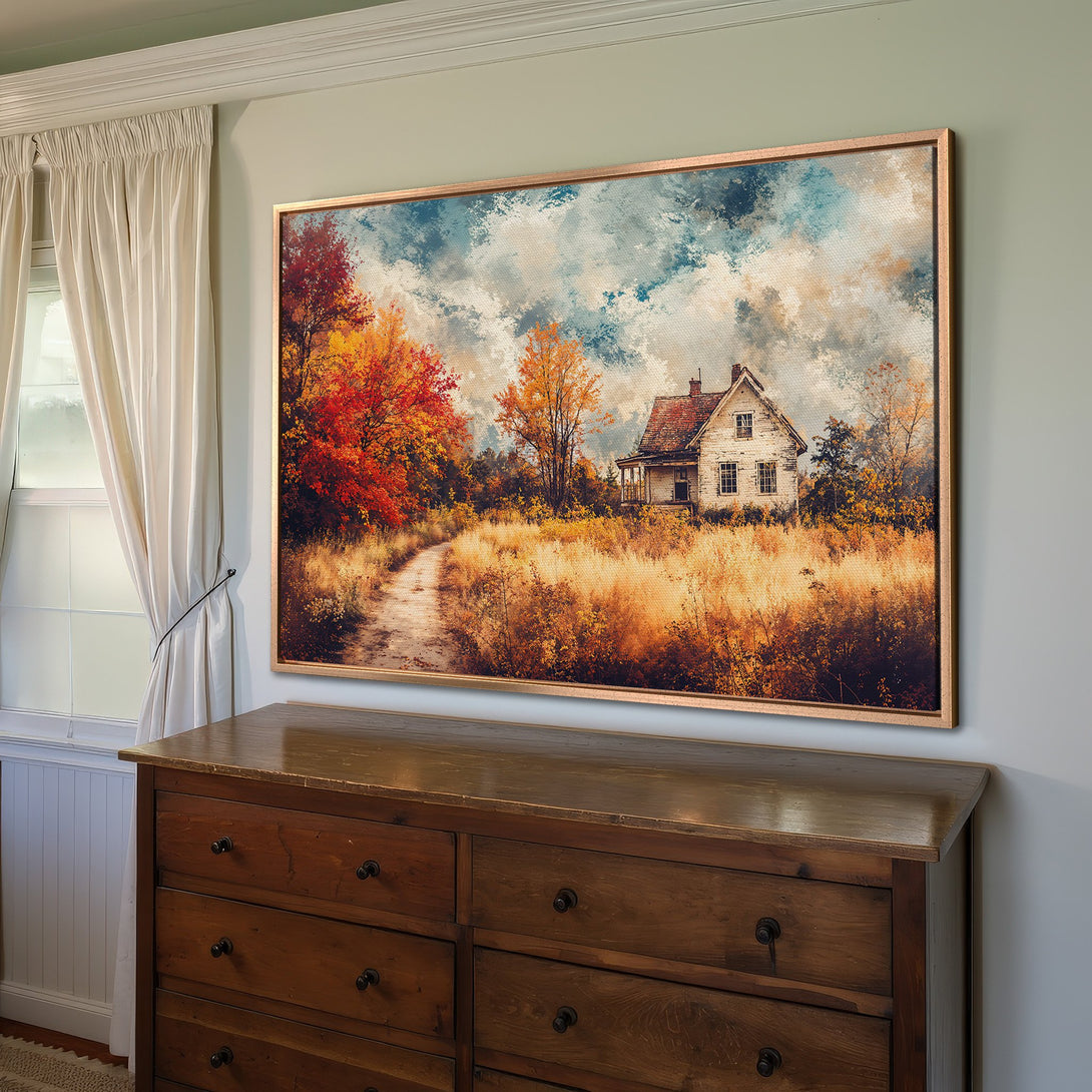 Framed Wall Art: Rustic landscape Canvas Print with a house, warm autumn colors. Perfect for adding cozy charm to your home decor.