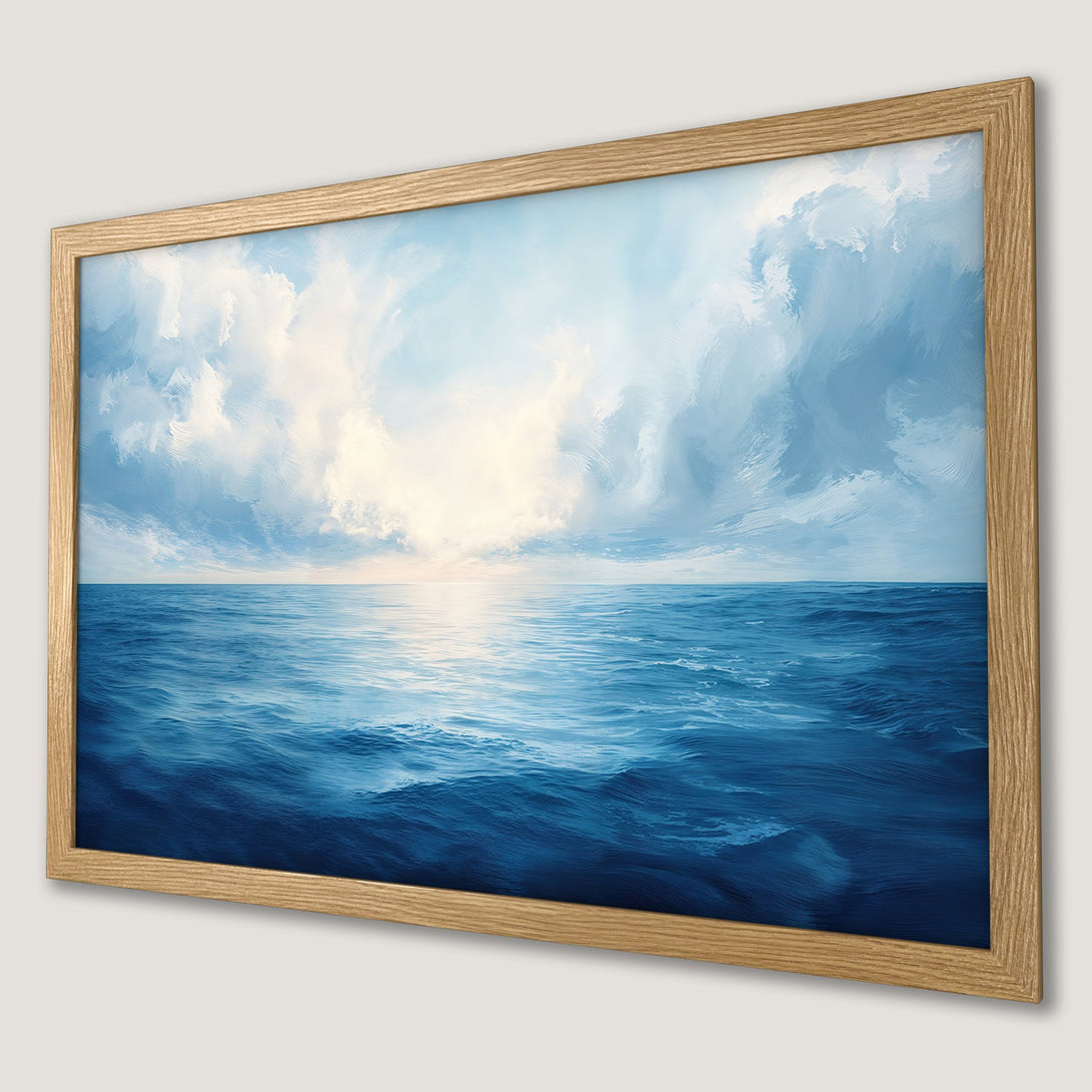 Framed Poster of ocean and sky in blue and white, art print for home decor.