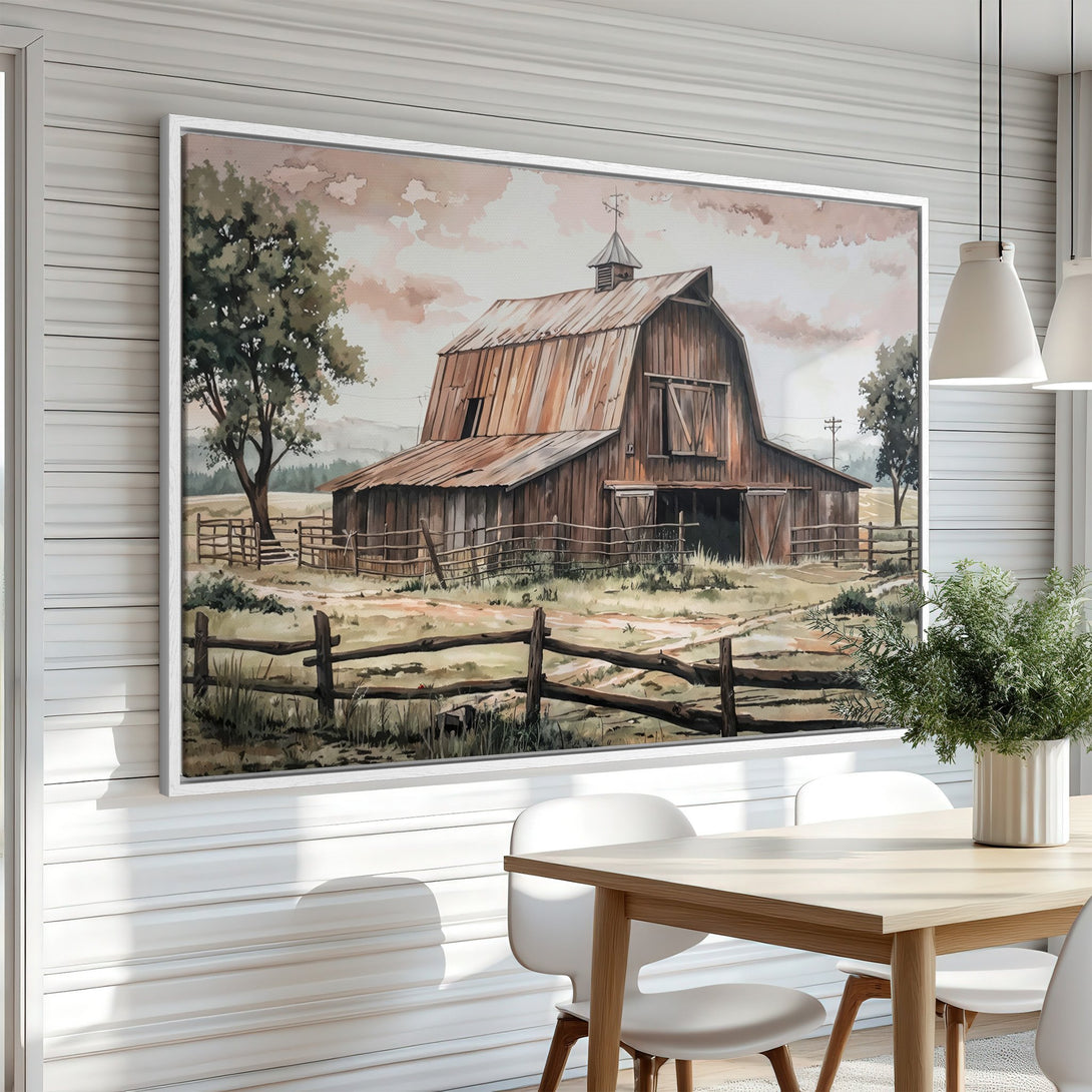 Framed Wall Art: Rustic barn watercolor print in warm earth tones. Perfect farmhouse decor for your dining room or living space. Shop now!
