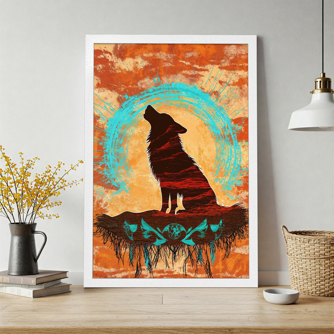 Framed Poster featuring a howling wolf silhouette in an abstract style with an orange and turquoise color palette. Add this art to your home!