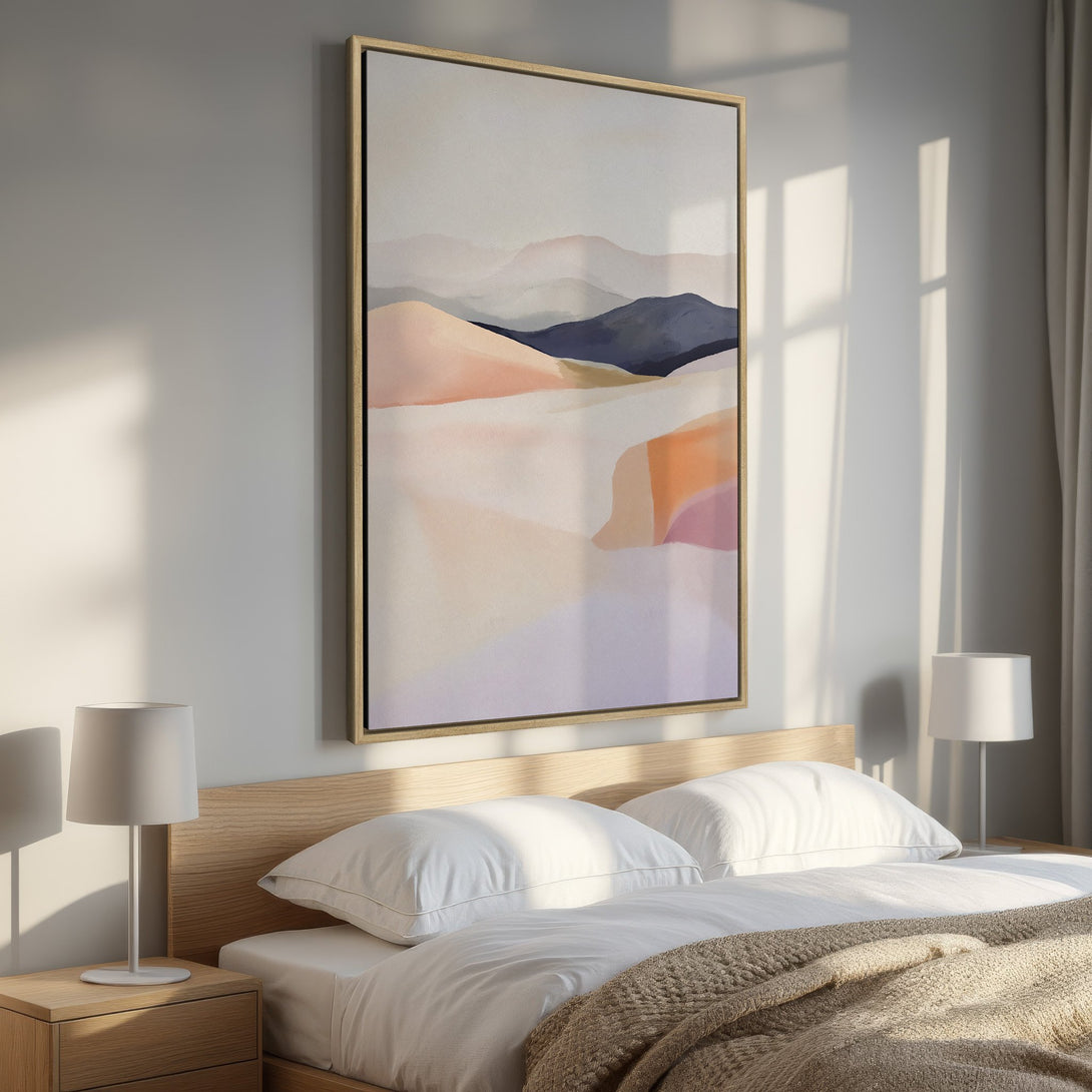 Framed Wall Art: Abstract landscape in soft pastel colors. Modern art canvas print adds a touch of serenity to any bedroom decor.