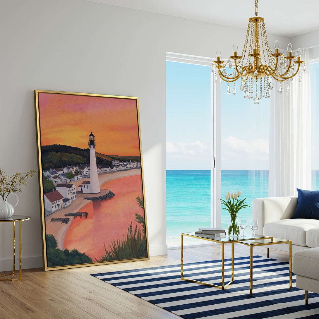 Canvas Print of a lighthouse at sunset. Coastal art in warm orange and pink tones, perfect for living room decor.