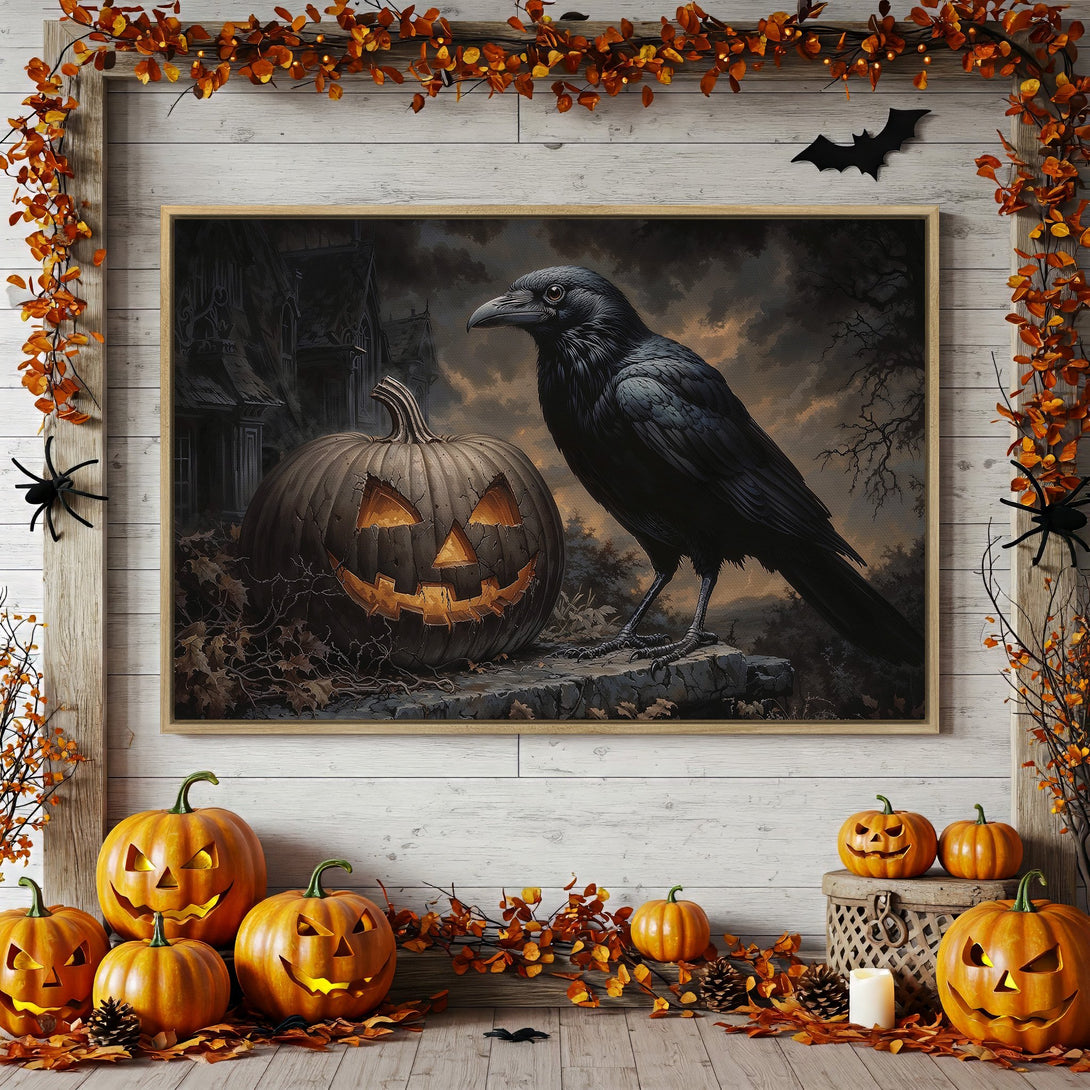 Framed Wall Art: Spooky raven & pumpkin scene in dark, moody colors. Perfect Halloween decor!