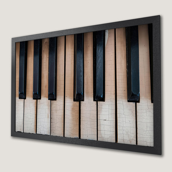 Framed Poster featuring a close-up of piano keys. Vintage style with a neutral, cracked texture and black and white color palette. Perfect for music lovers.